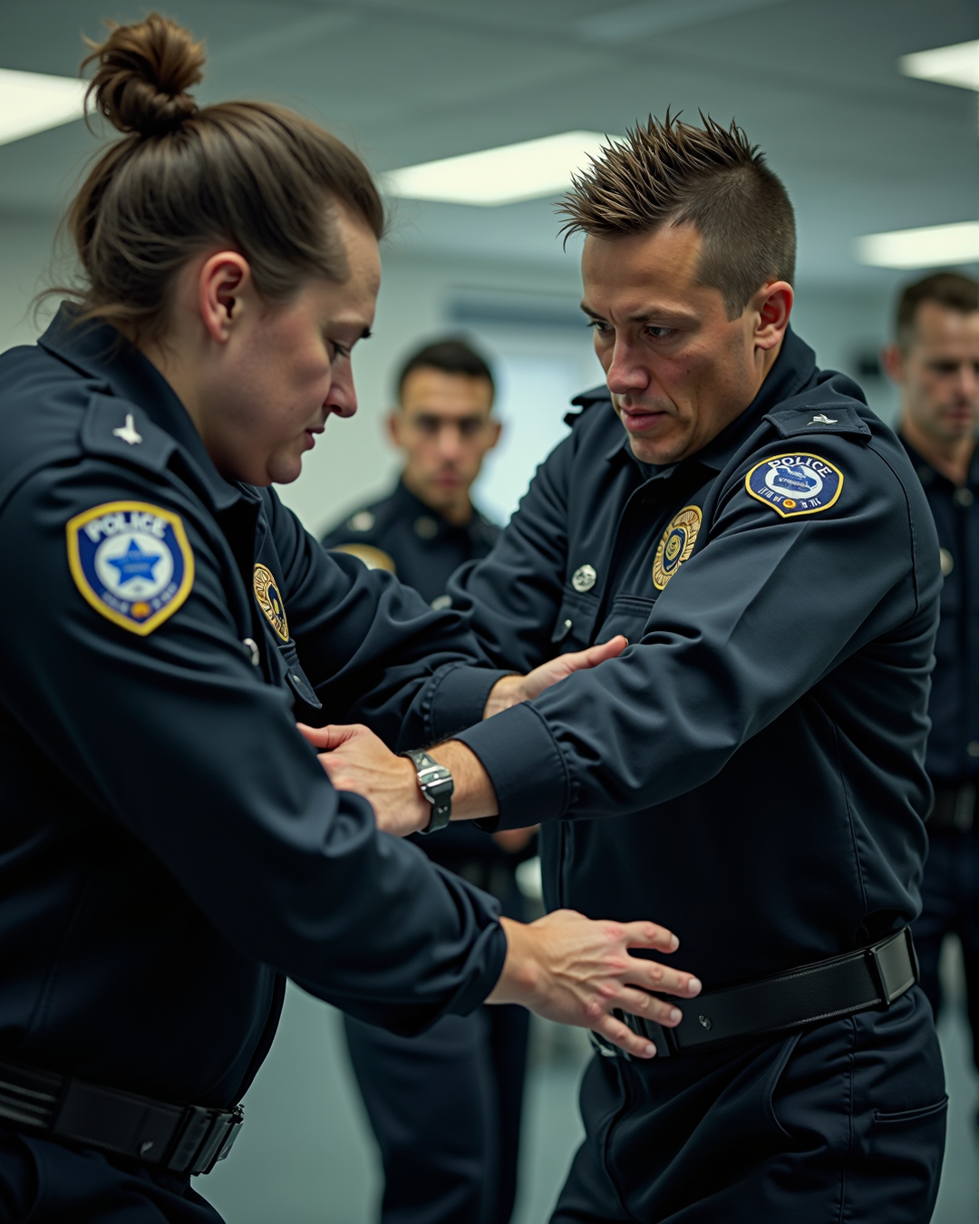 Police officers training in martial arts techniques.