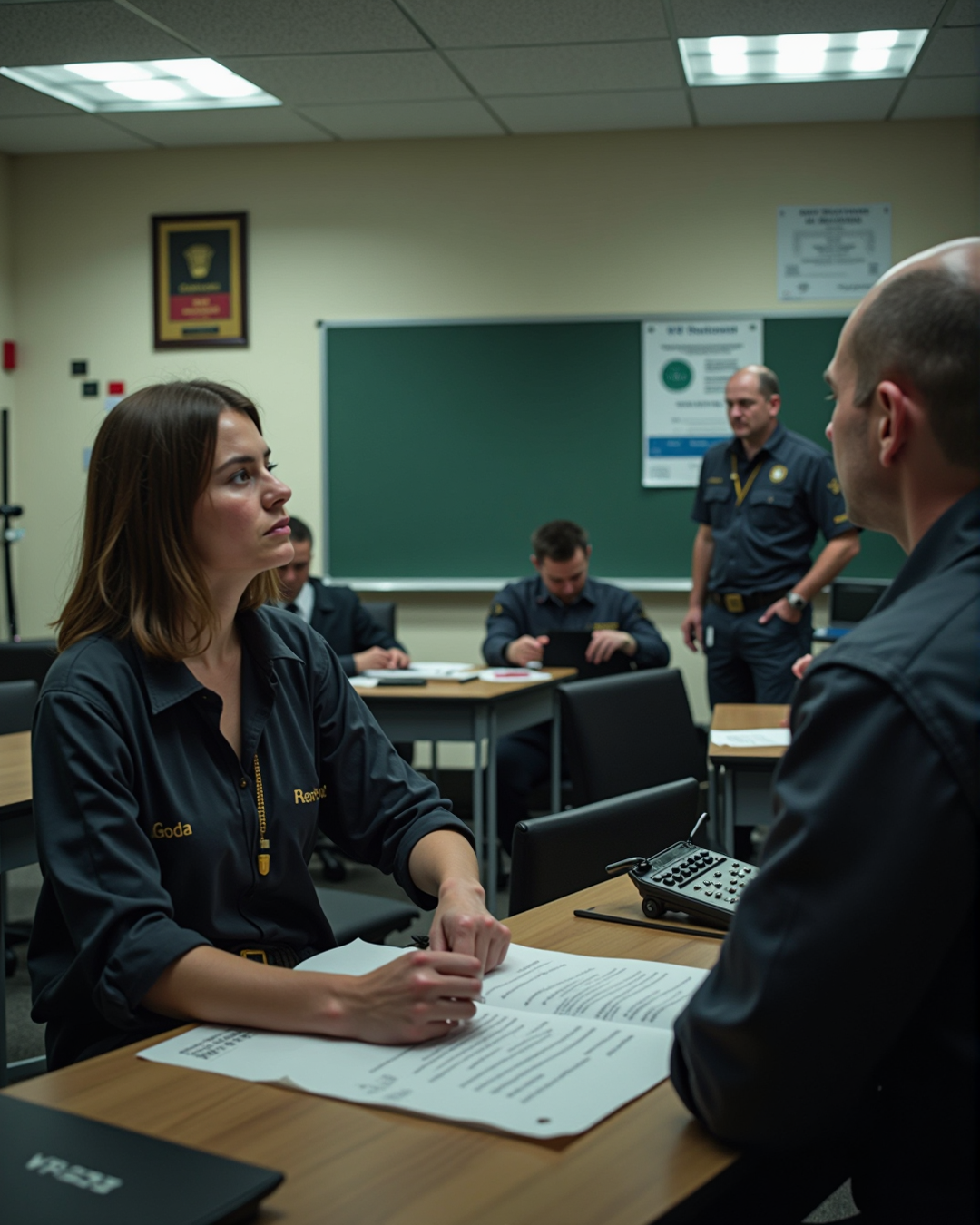 Police officers meeting in classroom setting.